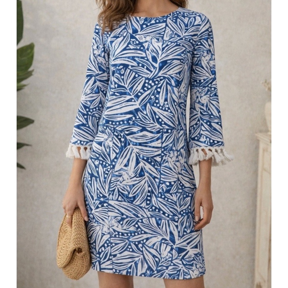 J McLaughlin Brenda Shift Dress Catalina‎ Blue White Willow Bluff Tassel Small